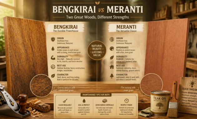 Kayu Bengkirai vs Kayu Meranti: Mana yang Lebih Mudah Dirawat? Simak Panduan Lengkapnya! 100 Kayu Bengkirai vs Kayu Meranti: Mana yang Lebih Mudah Dirawat