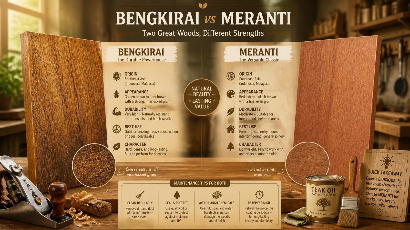 Kayu Bengkirai vs Kayu Meranti: Mana yang Lebih Mudah Dirawat